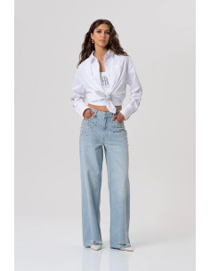 Fracomina jeans straight fit in denim con lavaggio chiaro e con pietre luminose e strass fp26sv2007d40003 [7217c8af]
