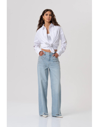 Fracomina jeans straight fit in denim con lavaggio chiaro e con pietre luminose e strass fp26sv2007d40003 [7217c8af]