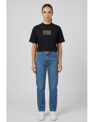 Drop Season 2 t-shirt cropped in cotone con logo strass SS26W526 [f1a18cfe]