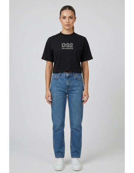 Drop Season 2 t-shirt cropped in cotone con logo strass SS26W526 [f1a18cfe]