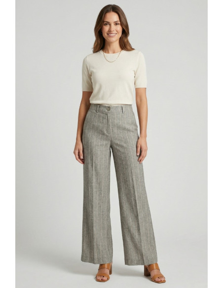 PDK pantalone flare a righe in misto lino e viscosa 057042 [ebc574e1]