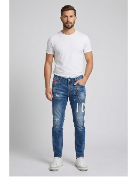 Icon jeans slim fit in denim con logo fronte/retro Rhide Island IUD009 [06330626]