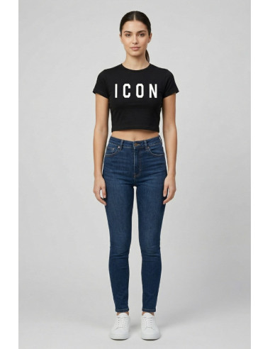 Icon t-shirt cropped in jersey stretch con maxi stampa logo IDT005 [d1db28c3]