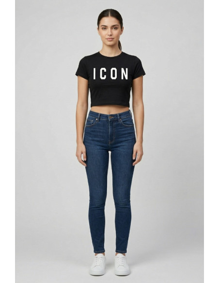Icon t-shirt cropped in jersey stretch con maxi stampa logo IDT005 [d1db28c3]