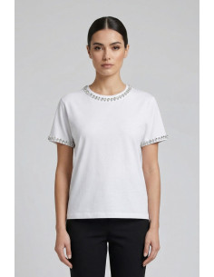 Fresh Flower t-shirt in cotone con strass su scollo e maniche FD556 [a02b66c0]