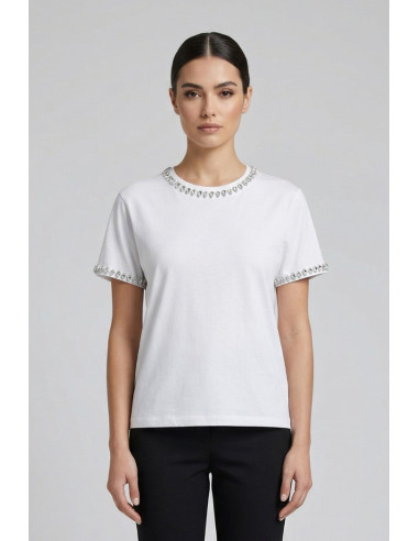 Fresh Flower t-shirt in cotone con strass su scollo e maniche FD556 [a02b66c0]