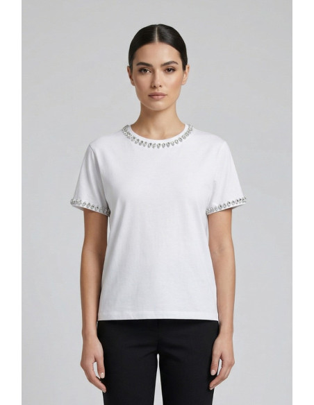 Fresh Flower t-shirt in cotone con strass su scollo e maniche FD556 [a02b66c0]
