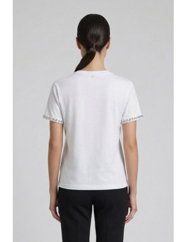Fresh Flower t-shirt in cotone con strass su scollo e maniche FD556 [790d25cd]