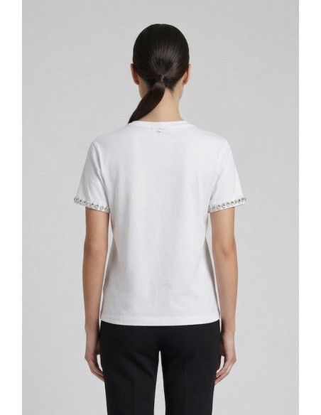 Fresh Flower t-shirt in cotone con strass su scollo e maniche FD556 [790d25cd]