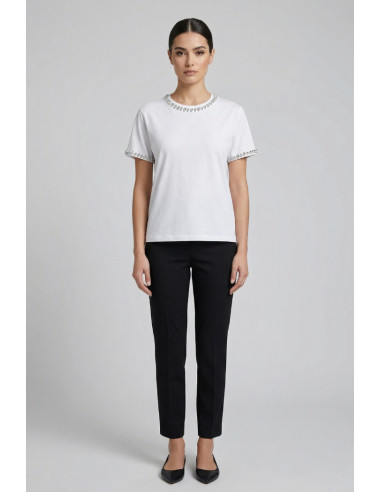 Fresh Flower t-shirt in cotone con strass su scollo e maniche FD556 [ce10e4c9]
