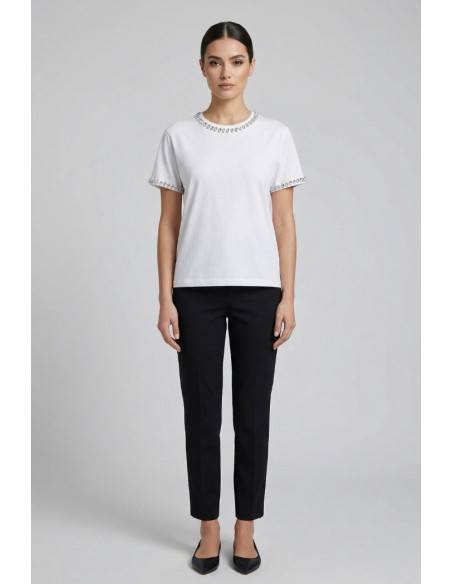 Fresh Flower t-shirt in cotone con strass su scollo e maniche FD556 [ce10e4c9]