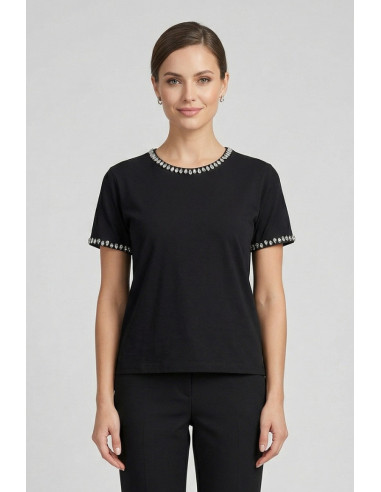 Fresh Flower t-shirt in cotone con strass su scollo e maniche FD556 [8b29de4c]