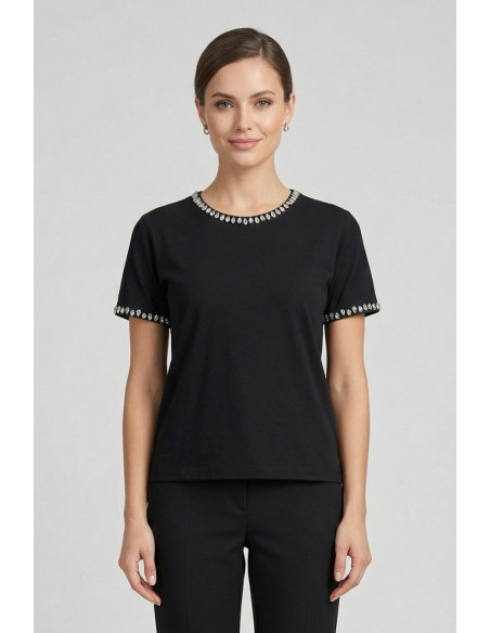 Fresh Flower t-shirt in cotone con strass su scollo e maniche FD556 [8b29de4c]