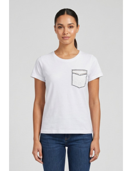 PDK t-shirt in cotone con taschino in pizzo 056932 [697748de]