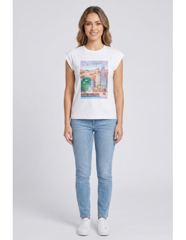 Fly Girl t-shirt giromanica in cotone stretch con stampa e strass 11694/03 [4be6b37b]