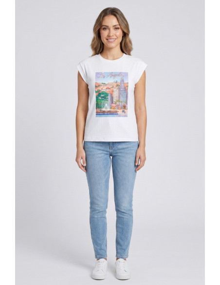 Fly Girl t-shirt giromanica in cotone stretch con stampa e strass 11694/03 [4be6b37b]