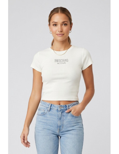 Moschino t-shirt in cotone stretch con logo strass V6A0711-4420 [89a89719]