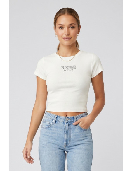 Moschino t-shirt in cotone stretch con logo strass V6A0711-4420 [89a89719]