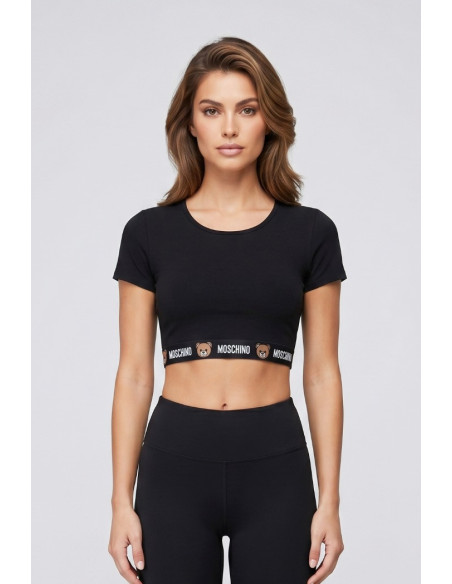 Moschino t-shirt cropped in cotone stretch con elastico logato V6A1201-4402 [a3ed8880]
