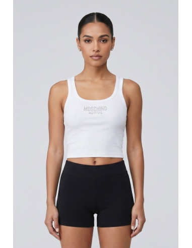 Moschino canotta in cotone stretch con logo strass V6A8911-4420 [f0e21817]