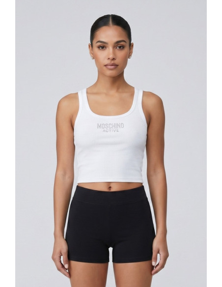 Moschino canotta in cotone stretch con logo strass V6A8911-4420 [f0e21817]