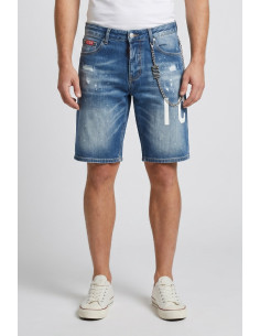 Icon bermuda in denim con stampa logo Memphis IUD018 [4911c38f]