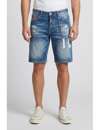 Icon bermuda in denim con stampa logo Memphis IUD018 [4911c38f]