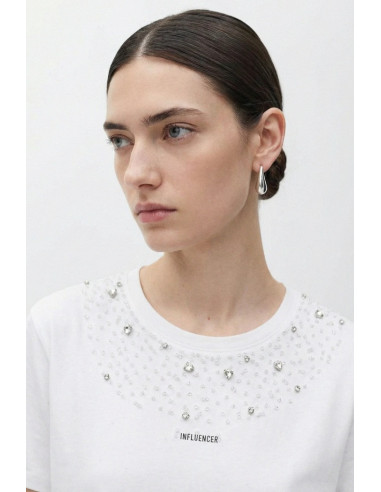 Influencer t-shirt girocollo con stampa e strass 05G0526 [0f7c044b]