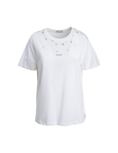 Influencer t-shirt girocollo con stampa e strass 05G0526 [6417c15c]