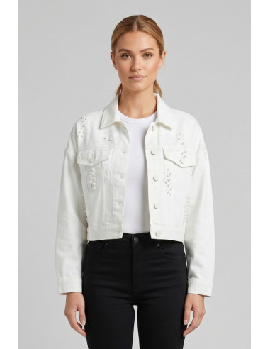 Influencer giacca in denim con applicazioni perle 05P144 [1dddba3a]