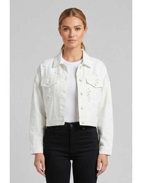 Influencer giacca in denim con applicazioni perle 05P144 [1dddba3a]