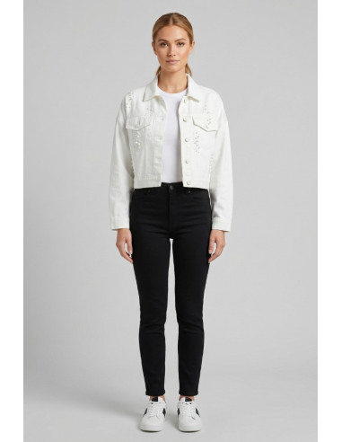 Influencer giacca in denim con applicazioni perle 05P144 [73e63833]