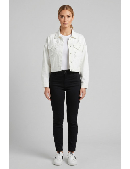 Influencer giacca in denim con applicazioni perle 05P144 [73e63833]