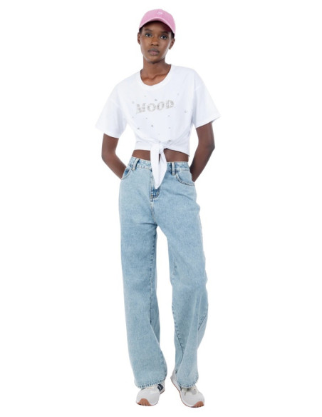 Influencer t-shirt in cotone stretch con strass e perline 03AB134 [804dd95f]