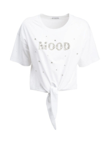 Influencer t-shirt in cotone stretch con strass e perline 03AB134 [32005f45]