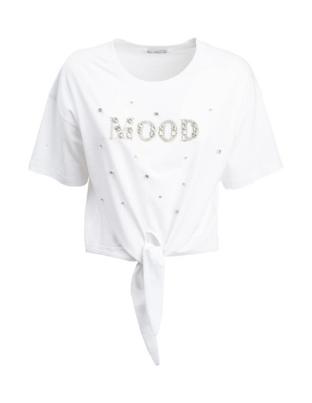 Influencer t-shirt in cotone stretch con strass e perline 03AB134 [32005f45]