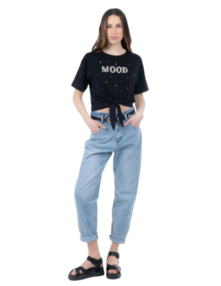 Influencer t-shirt in cotone stretch con strass e perline 03AB134 [ab4f61d3]