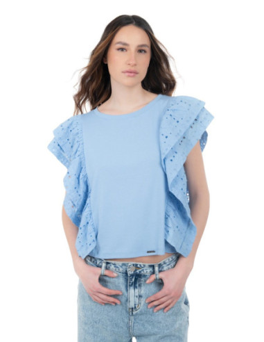 Influencer t-shirt con rouches in pizzo San Gallo 03X563 [375875b4]