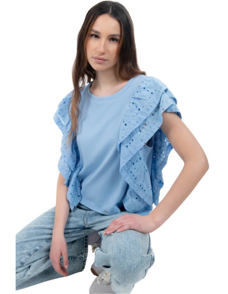 Influencer t-shirt con rouches in pizzo San Gallo 03X563 [ee7e36b9]