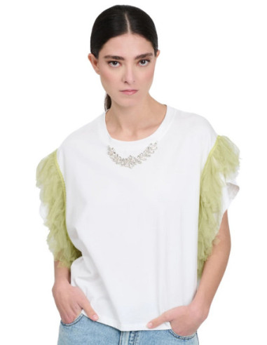 Influencer t-shirt con dettaglio gioiello e tulle 03X564 [2a1a9d04]
