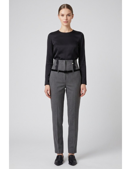 Phard pantalone gessato vita alta ed inserti in pizzo 1637H1312 [efd938f1]